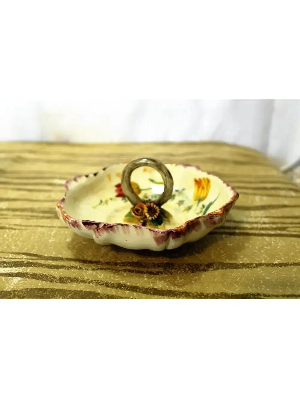 Antique Victorian Italian Majolica Relish Server, Handled Bowl, Colorful Flowers